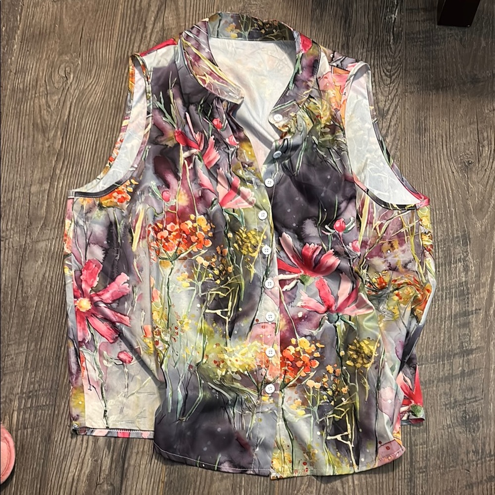 Pink and Yellow Sleeveless Graphic Button Down Top